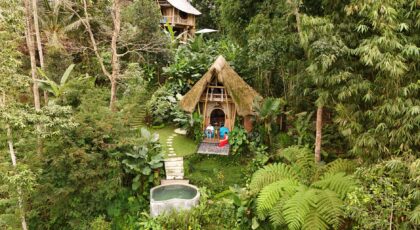 Aerial view of a bamboo hut nestled amidst lush greenery in Bali, Indonesia.